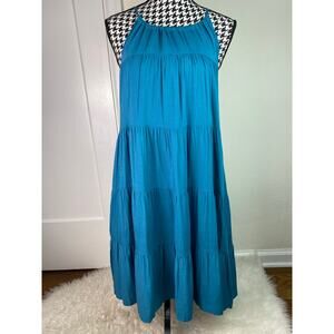 NWT Zilcremo Women's M Teal‎ Sleeveless Drawstring Halter Tiered Shift Dress *